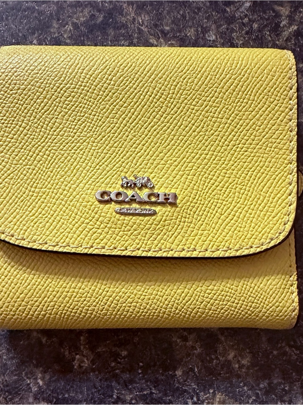 New Coach Yellow Leather Compact Wallet with Signature Metal Logo